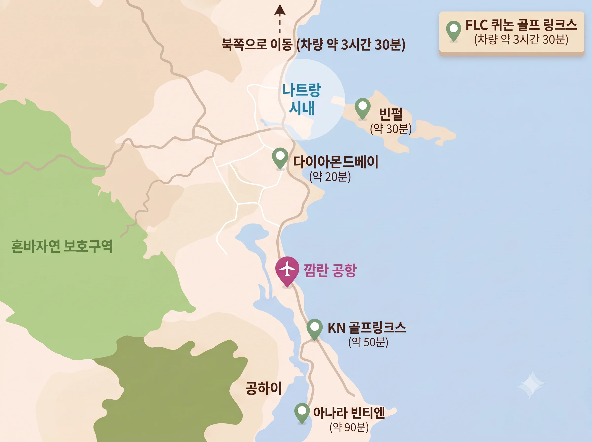 나트랑 골프장 위치 및 시내 이동시간 안내